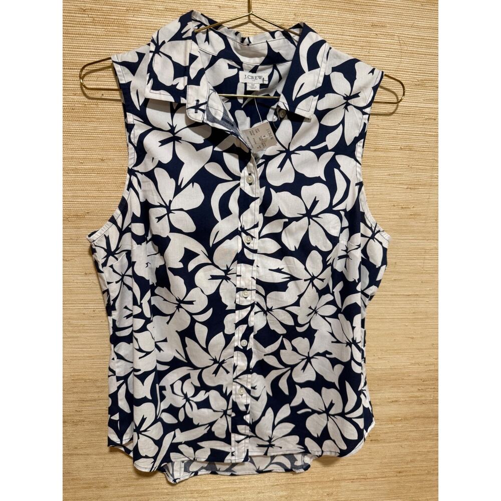 NEW NWT J. Crew Navy White Floral Sleeveless Cotton Stretch Blouse Sz MED M - Picture 2 of 10